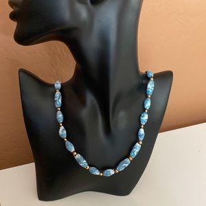 VINTAGE Necklace-Blue & white swirl ceramic beads w gold tone small beads 24”